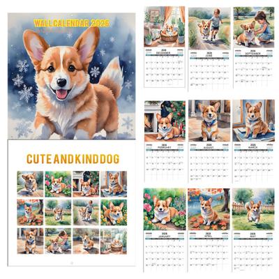 2026 Sněhový den Corgi Nástěnný kalendář 12měsíční kalendář s tématikou psa Corgi z tlustého papíru pro dekoraci domácí kanceláře, domácí dekorace, nástroj pro řízení času