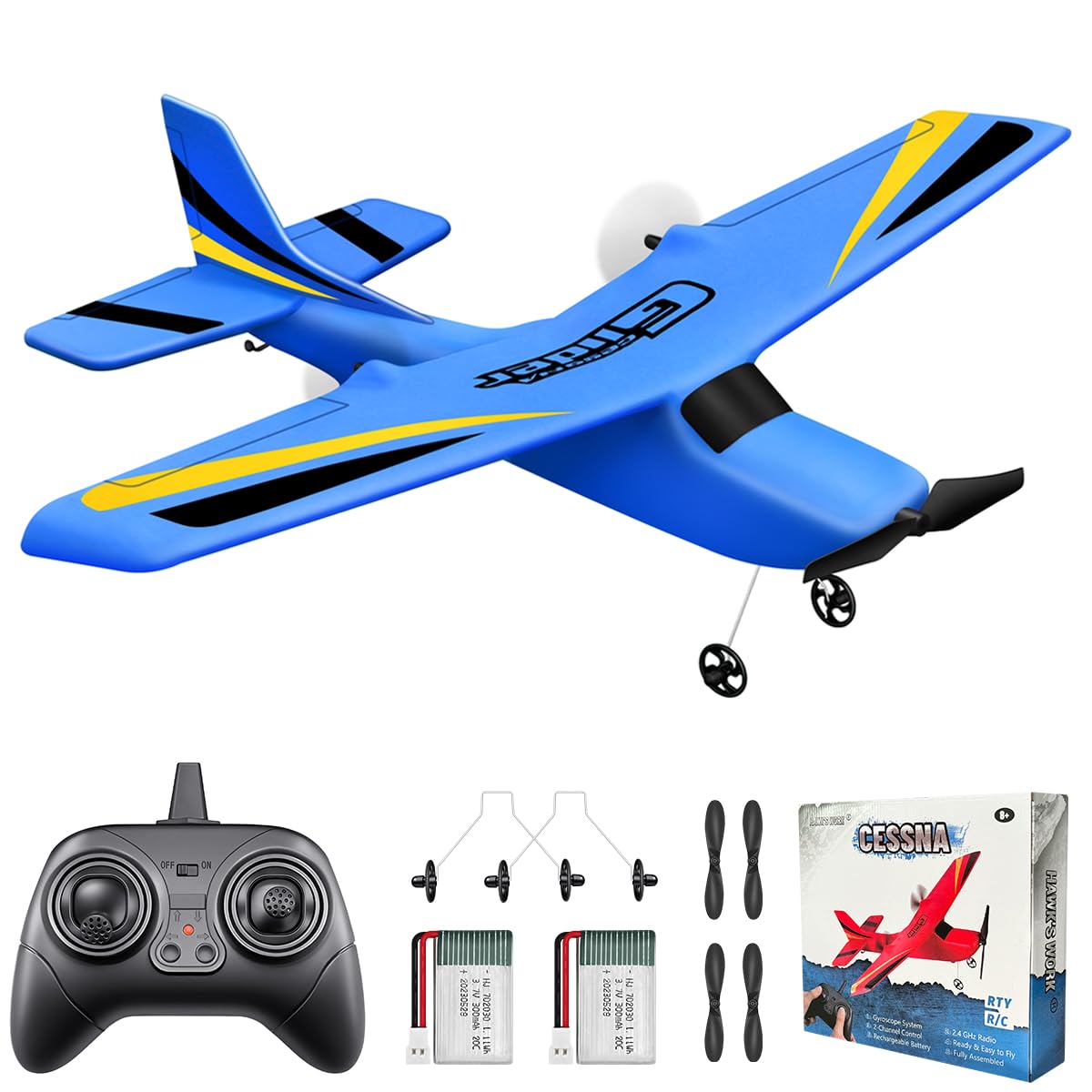 

HAWK S WORK 2-Channel RC Airplane, Ready to Fly, 2.4GHz Remote Control Plane, Easy to Fly RC Glider for Kids & Beginners (Blue)