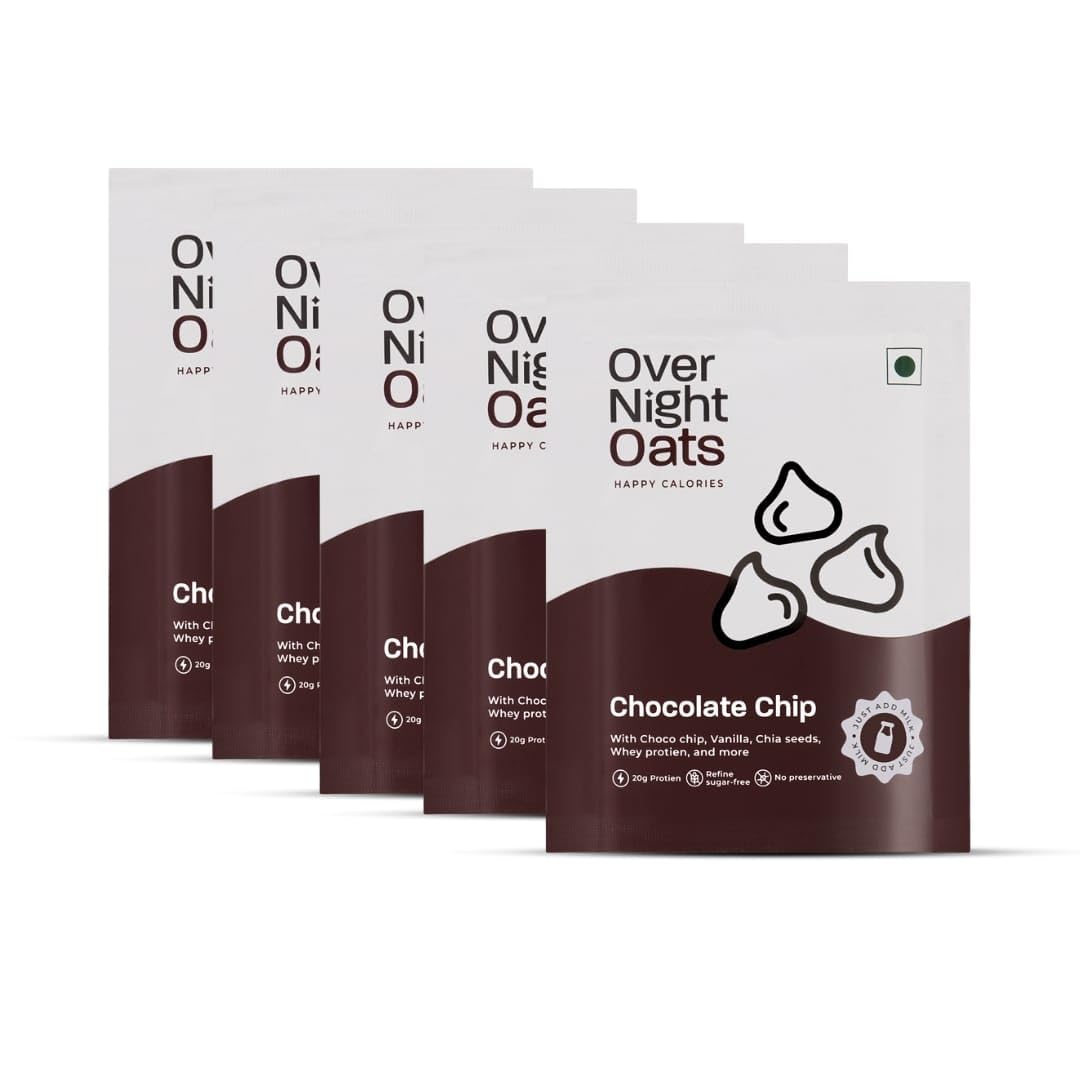 Overnight Oats 20gm High Protein, Refined Sugar Free, With Choco Chip, Chia Seeds, Whey Protein more (Chocolate Chip, 85gm each)| Breakfast Cerea