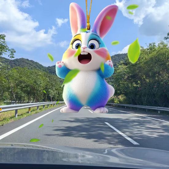 5Pcs Rabbit Pendant Acrylic Cute Rainbow Rabbit Hanging Ornament Doors Windows Bags Charm Car Rearview Mirror Easter Spring Decoration