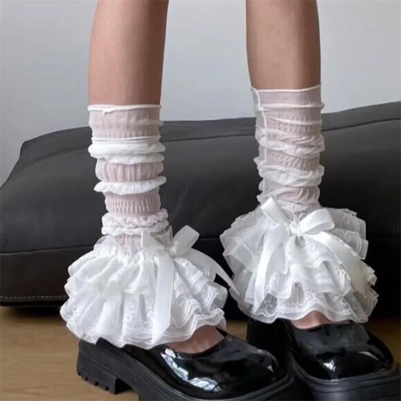 Süße Schleifen Mehrlagige Rüschen Stiefelmanschetten Damen Spitze Beinwärmer Y12K Ästhetisch Lange Socken Japanisch Lolita Gothic