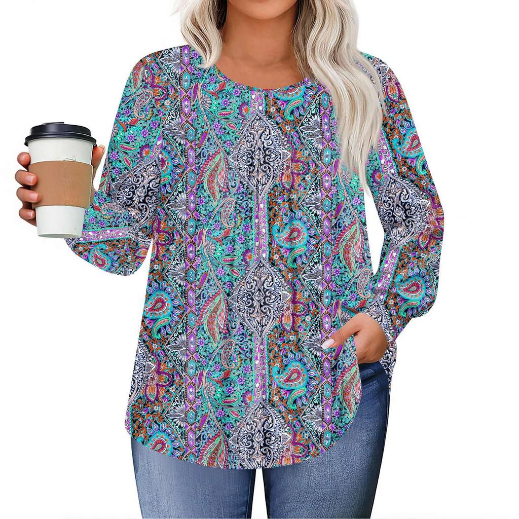 Dámské topy plus size košile s dlouhým rukávem kulatý výstřih splývavá tunika ležérní volná halenka L-5X