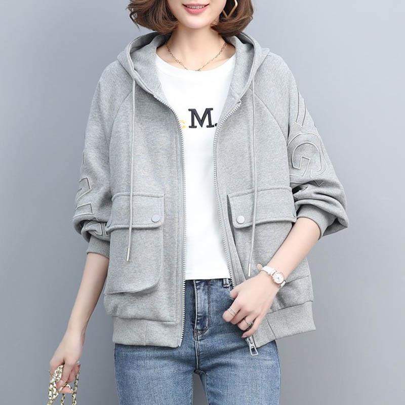 Hooded Coat for Women Cotton Loose Versatile Solid Color Casual Zipper Cardigan Tops