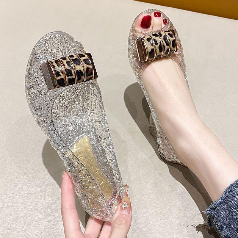Crystal Jelly Cool Slippers for Women Summer Fish Mouth Hollow Wedge Heels Fashionable High Rise Plastic Slippers for External Wear