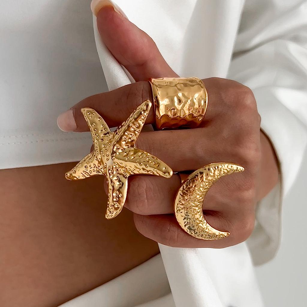 SHIXIN Fashion Gold Color Starfish Flowers Wide Open Rings for Women Exaggerated Geometric Star Moon Adjustable Couple Ring Y2K