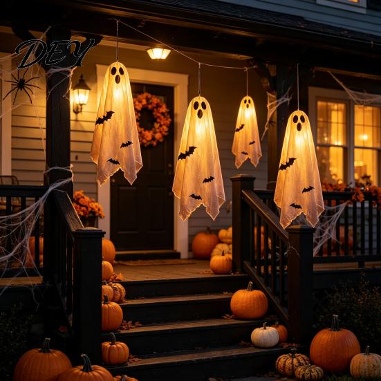 Holiday Yard Hanging Ornaments Scary Ghost Decor, Spooky Bat Print Decor for Porch Remote Control Tree, Glow-in-the-Dark Outdoor Halloween Decoration