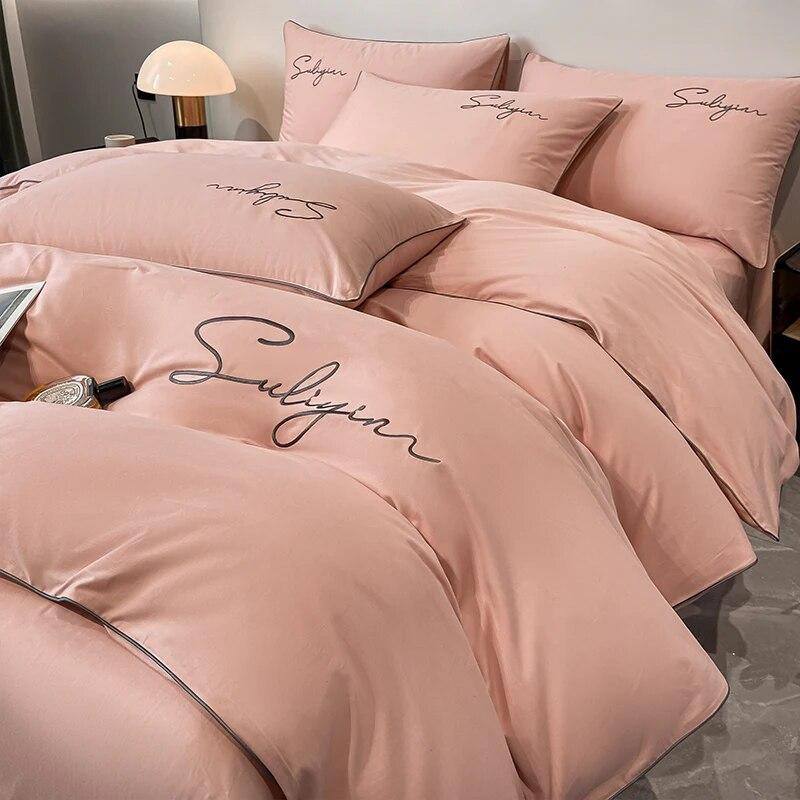 Luxury Embroidery Bedding Set Egyptian Cotton 400TC Duvet Cover Flat Fittedsheet Single Double Queen King Quilt Cover Pillowcase