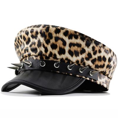 Boina Vintage Estampa de Leopardo para Mulheres Moda y2k Boné Militar Plano Chapéu de Marinheiro