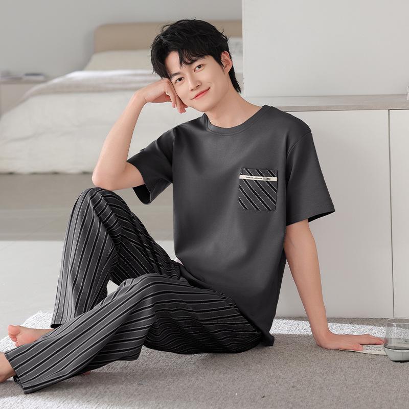 Pure cotton pajamas men's summer thin 1011 new short-sleeved trousers loose large size can be worn outside loungewear suit