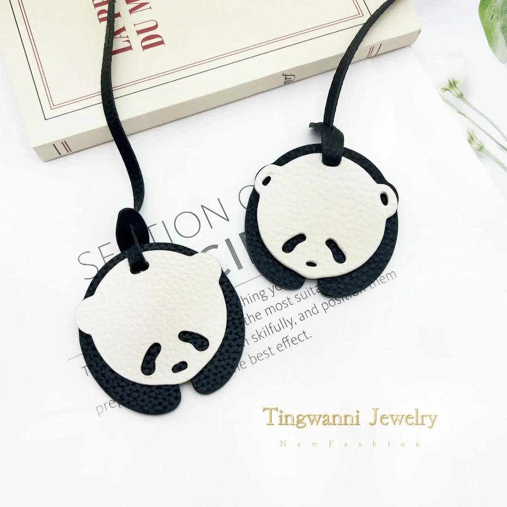 Cute panda bag pendant, top layer cowhide charm, leather backpack, animal charm key chain