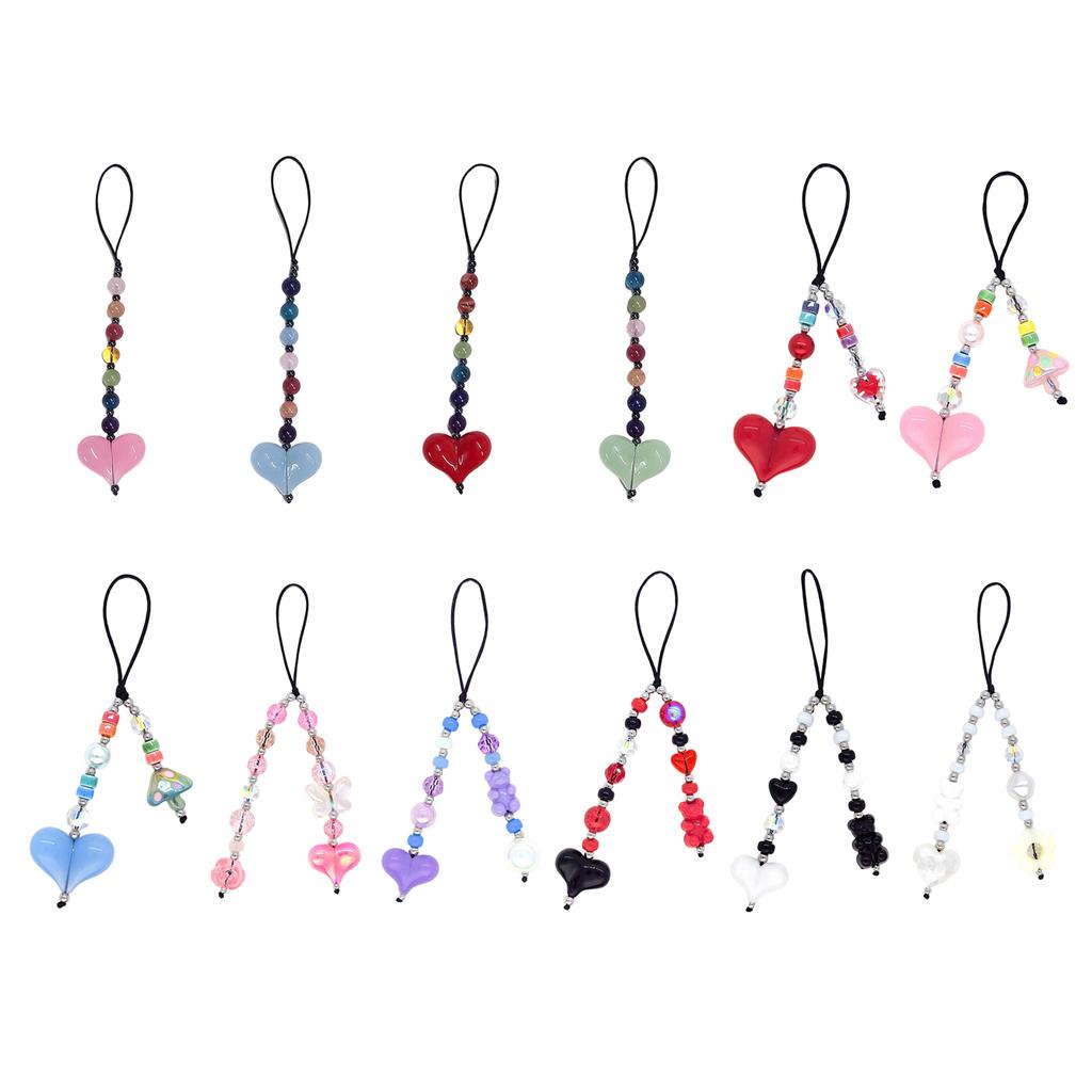 Heart Beaded Keychain Fashionable Resin Charm Phone Pendant for Youthful Women Colorful Beads for Bags and Phones