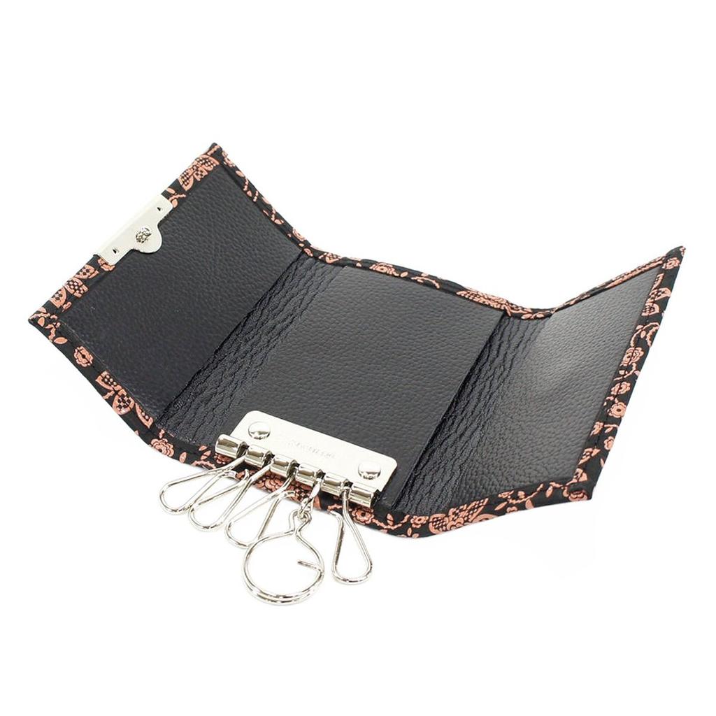 Indenya Inden Key Case C, Deerskin, Black with Pink Lacquer, Clematis Pattern, 4704-51-169