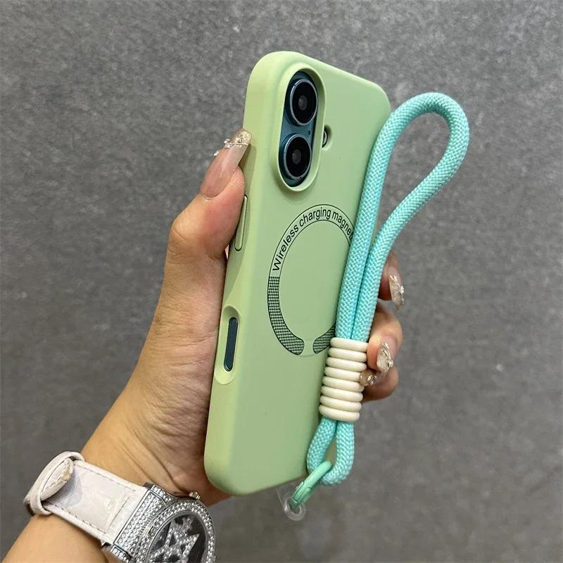 Apple 16 Magnetische Vloeibare Siliconen Telefoonhoes met Lanyard voor iPhone 15 Pro Max - Huidachtige Volledige Bedekking