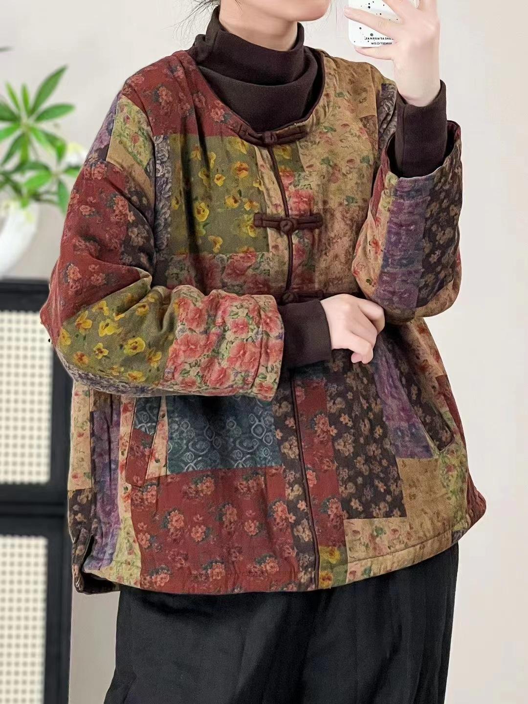 

Johnature Женское зимнее винтажное цветочное принтовое пальто с круглым вырезом и длинными рукавами в китайском стиле One Size