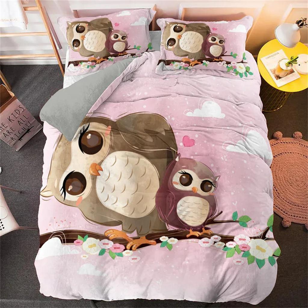 Owl Cartoon Quilt Cover Set with Pillowcase,Microfiber 2Pcs Duvet Cover with Zipper for Kids Teens Adult Girls Bedroom Single