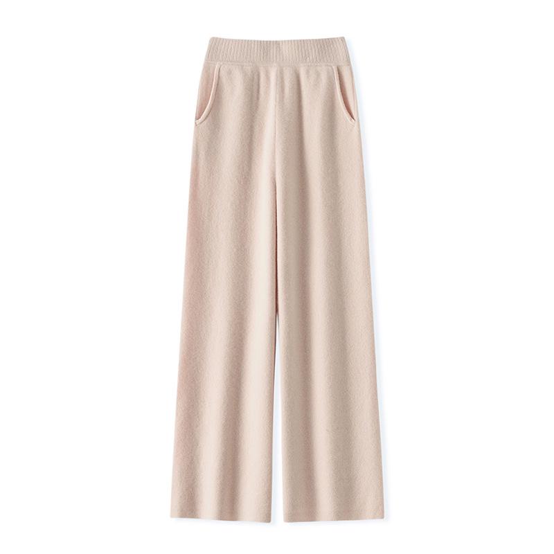 Women's 100% Wool Knit Wide-Leg High-Waist Floor-Length Pants for Autumn/Winter Casual Wear