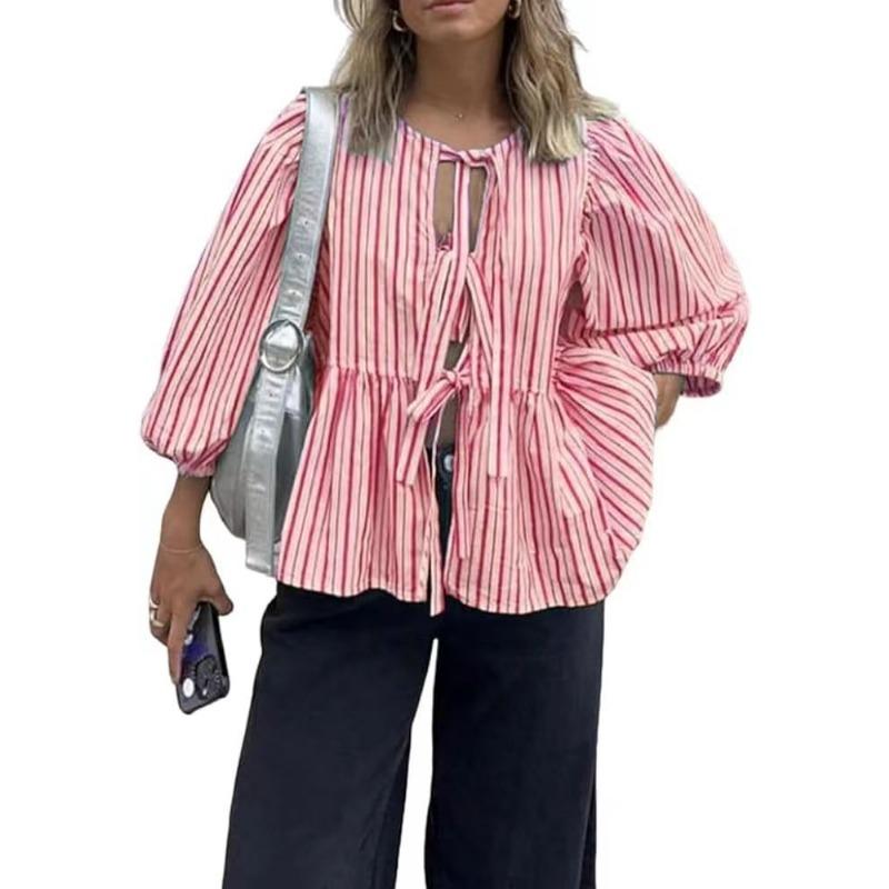 Spring and Summer Sweet and Casual Lace-up Striped Women's Blouses & Shirts