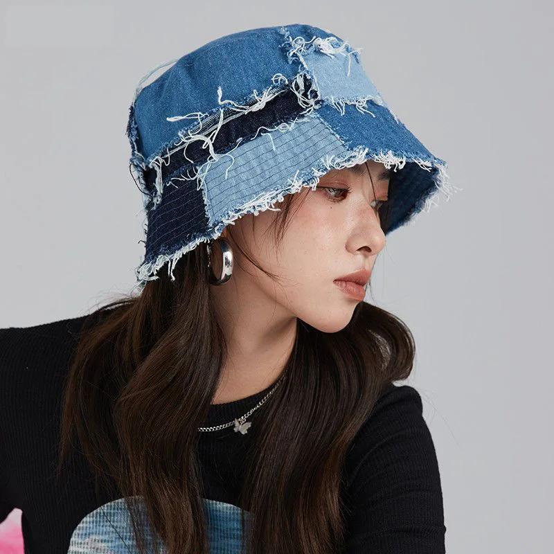Japanese Niche Designer Bucket Hat Showing Small Face Retro Beggar Style Splicing Contrasting Color Denim Basin Caps for Women