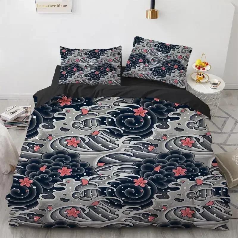 Wave Duvet Cover Set Hokusai Pattern Japanese Ukiyoe Quilt Cover Oriental Sketch Style Ocean Queen Twin Polyester Bedding Set
