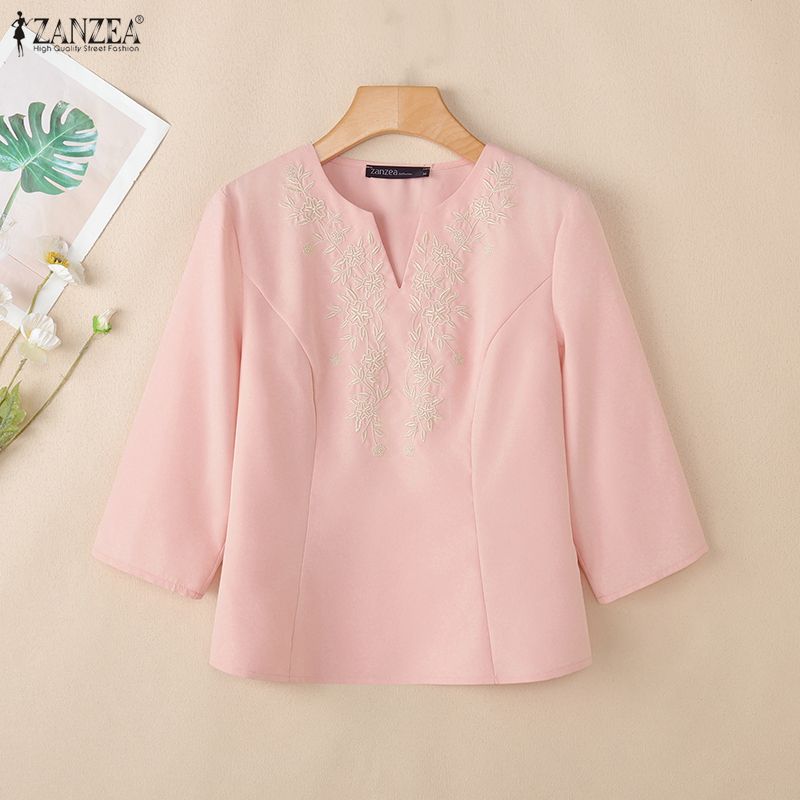 ZANZEA Women Casual Embroidery V-Neck Loose 3/4 Sleeve Blouse