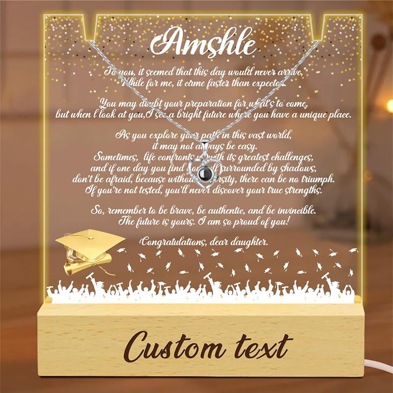 Personalized Graduation Lamp Custom Photo Name Projection Necklace Funny Graduation Gift for Daughter Son Students Graduates Classmates High School