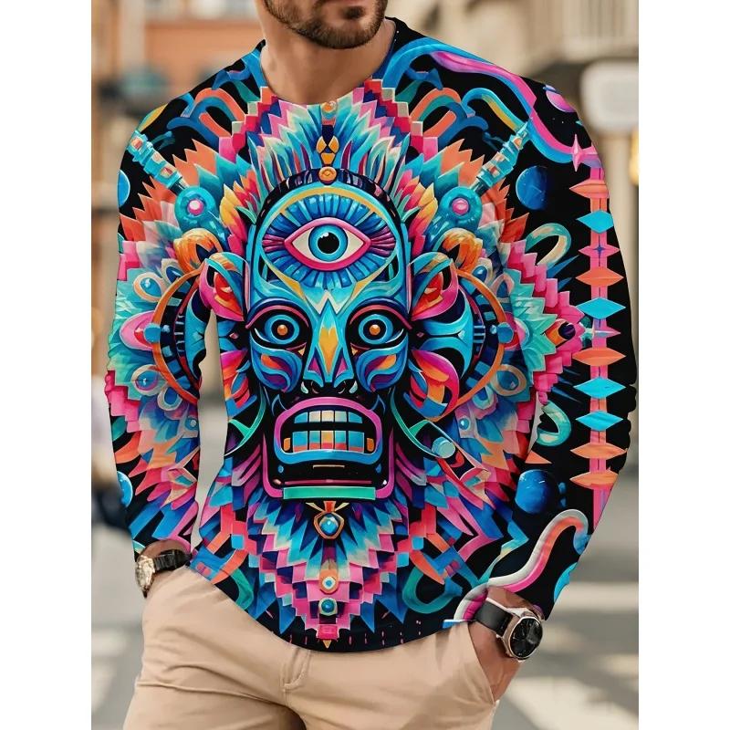 Fashion Men's Crew Neck Long Sleeve 3D Color Printing Summer Casual Long Sleeve Crew Neck T-Shirt
