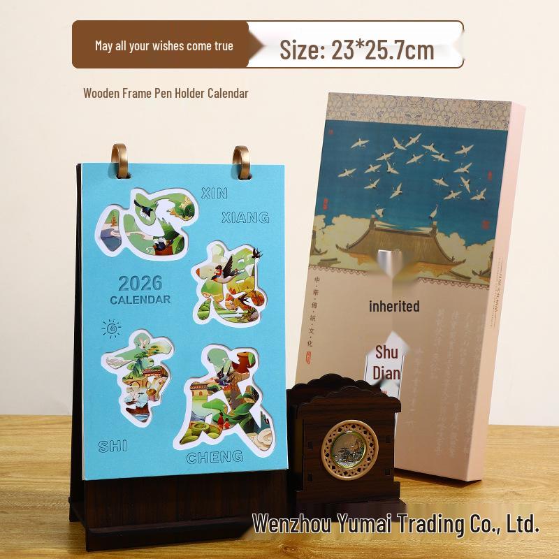 2026 Wooden Desk Calendar & 3D Hollow Pen Holder - Creative Desktop Ornament & Monthly Check-In Calendar