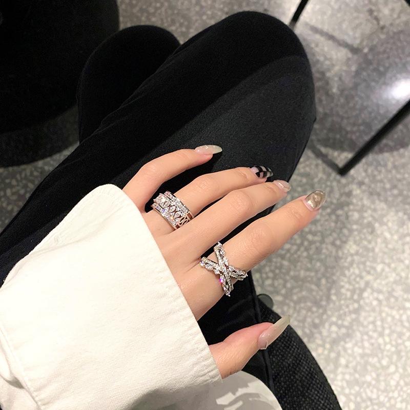 Full Diamond Niche Design High Sense Cross Opening Ring Wide Version Zircon Flash Diamond Light Luxury Personality Index Finger Women'S Fashion
