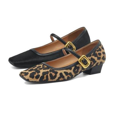 Damskie buty Mary Jane Nowe Płytkie Usta Gruby Obcas Małe Skórzane Buty Panterka Końskie Włosie Damskie Wysokie Obcasy