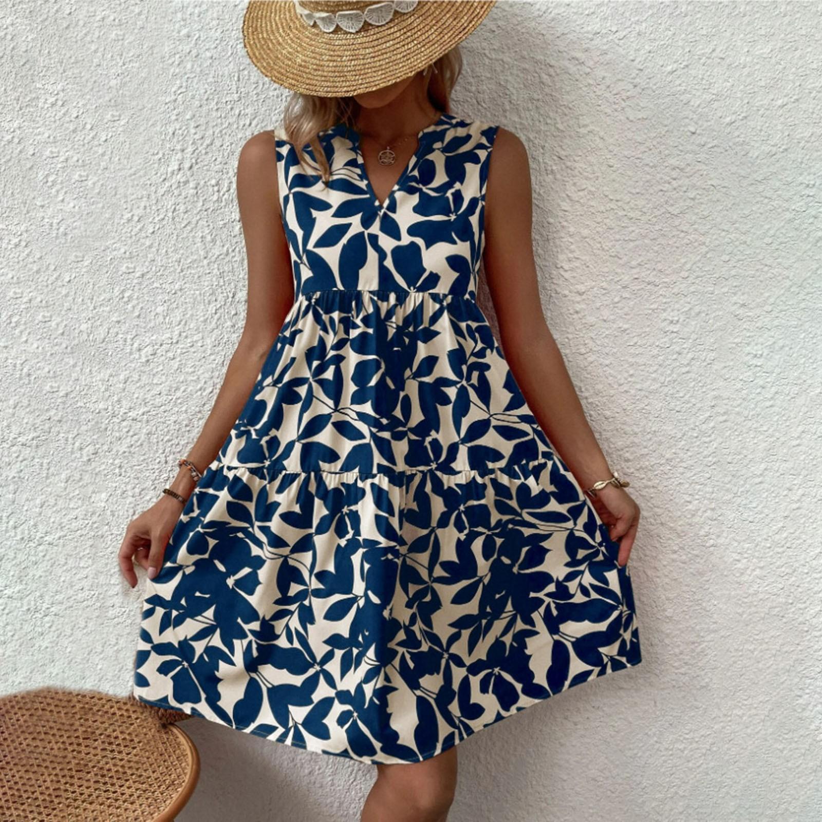 

Женские платья Платья без рукавов для женщин с v-образным вырезом и цветочным принтом, повседневные свободные летние женские платья M тёмно-синий