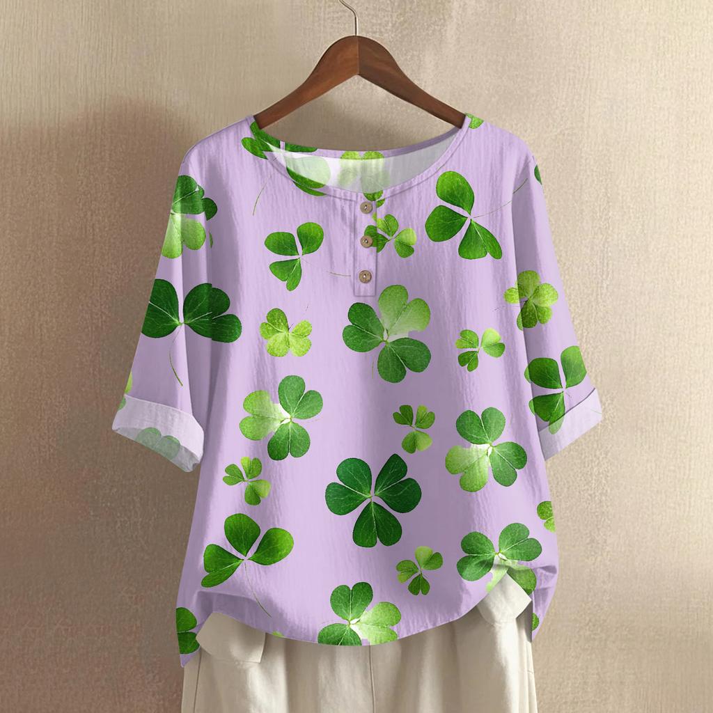 Women's Fashionable And Casual Shirt 3/4 Sleeve Round Neck Print Blouse Top