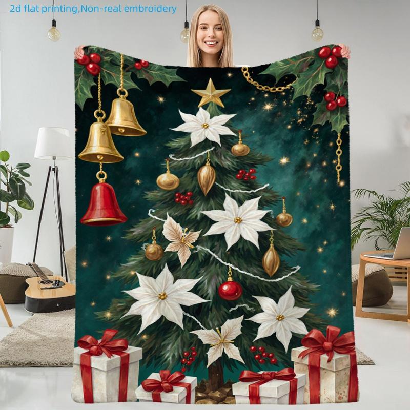 1pc Christmas Holiday Christmas Tree and Bells Printed Blanket, Festive Atmosphere, Multiple Sizes Available, Suitable for Living Room, Bedroom, Study