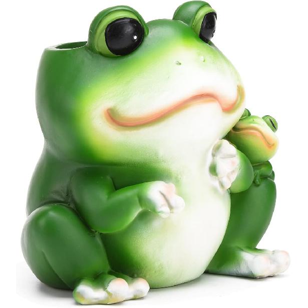 BRABUD Cute Frog Pen Holder Resin White Animal Toothbrush Lipstick Holder for Home Bedroom Study Room Office Desk Decoration 5.1''(H) TQGJBS264