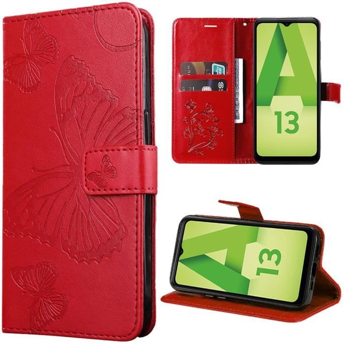 Coque de protection - Samsung - Galaxy A13 5G - Cuir Synthétique Rouge - Motif Papillon - Élégant Chic