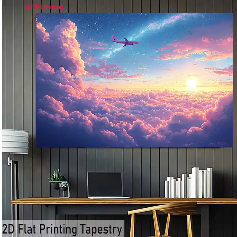 2D Dreamy Room Backdrop, Airplane Flying Over Cotton Candy Clouds At Sunset Background