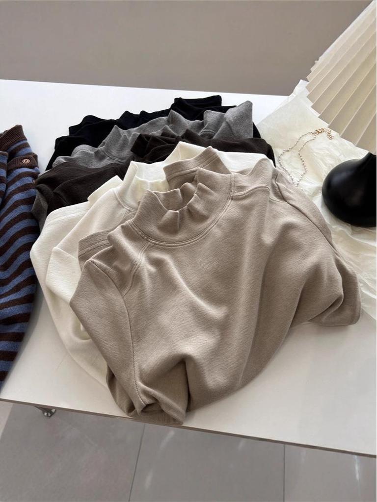 Korean-Style Double-Sided Oreo Fleece Half-Turtleneck Warm Base Layer Top for Women - Long-Sleeve Winter T-Shirt