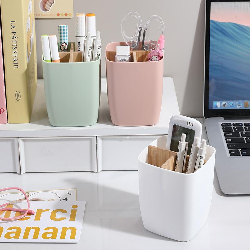 2pcs Bamboo-Like Plastic Desk Organizer with Pen Holder & Jewelry Storage - 3/4 Compartment Standalone Multi-Purpose Box