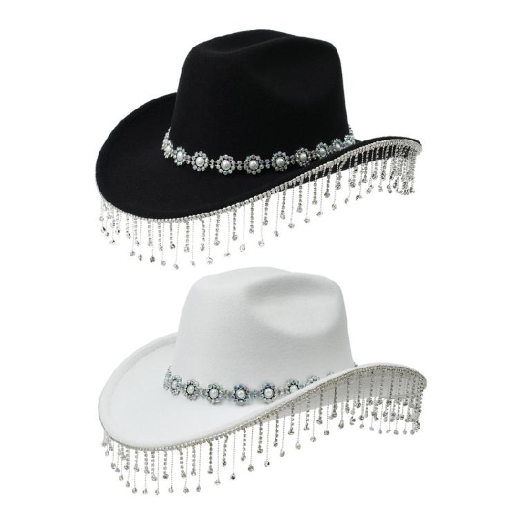 Hand Beading Diamond Tassels Hat Cowboy Hats for Carnivals Music Festival