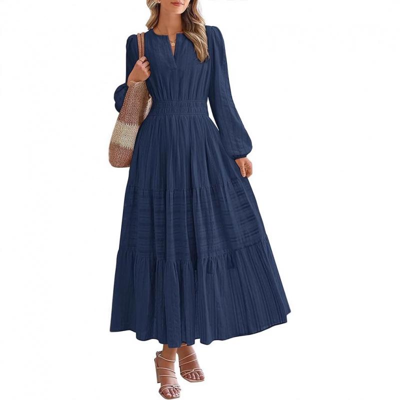 Abito da donna a maniche lunghe con scollo a V, pieghettato e a maniche a sbuffo