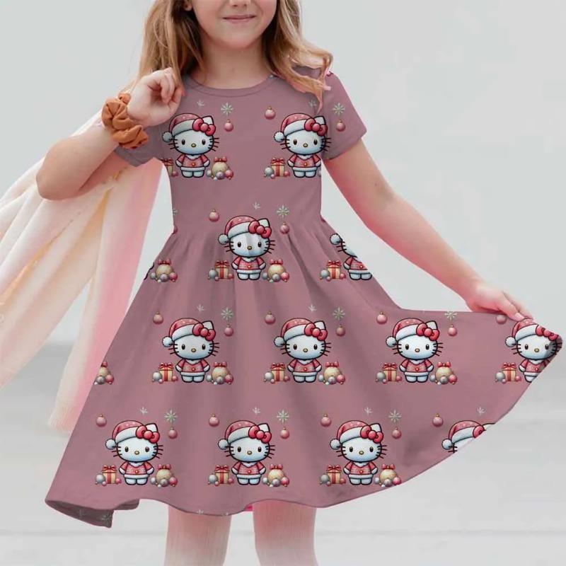 New Summer Dress Fashion Cartoon Cute Hello Kitty 3D Print Dresses Kids Short Sleeve Princess Girls Party Children Clothes