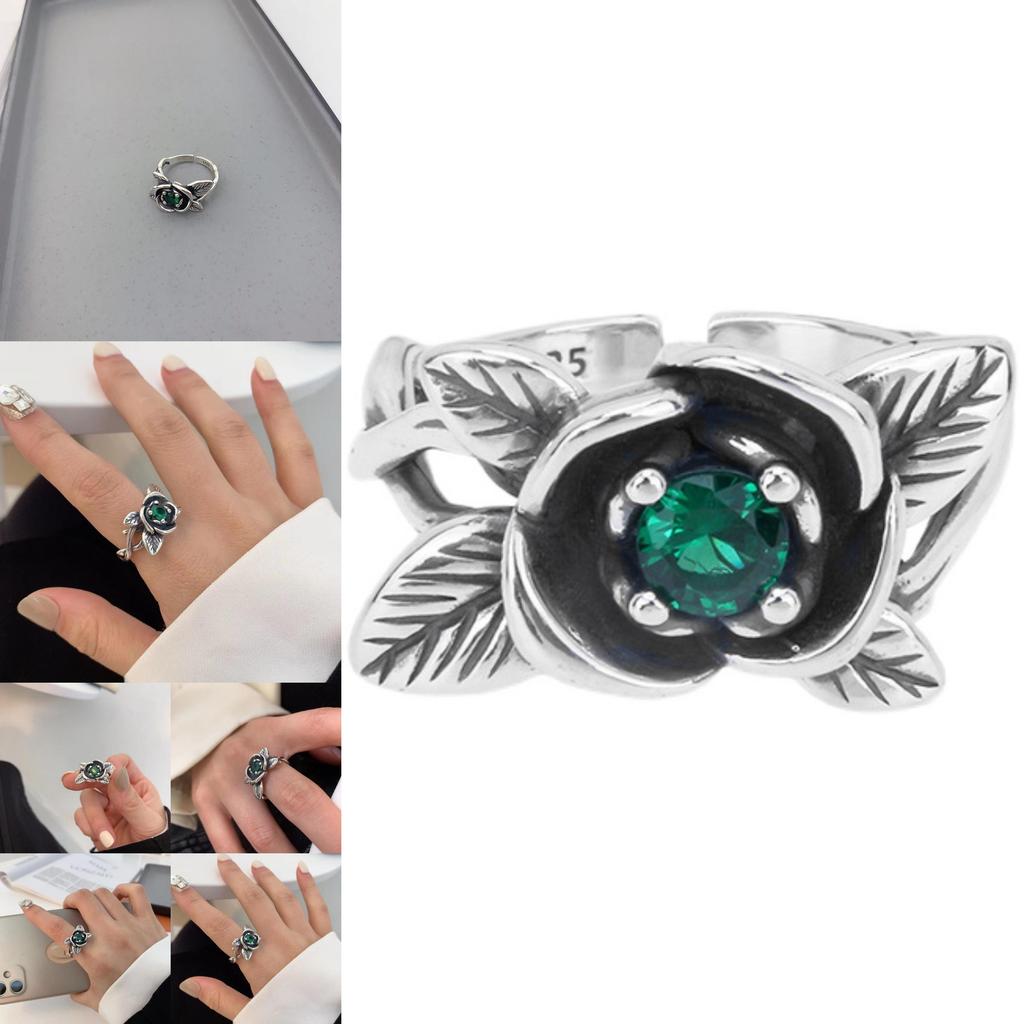 Exquisite Korean Style Vintage Exaggerated Green Zircon Rose Flower Ring For Women