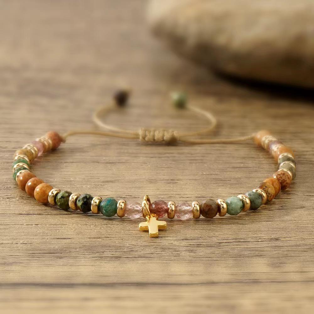 European Style Semi-Precious Stone Bracelet with Gold Bead Spacers and Cross Pendant