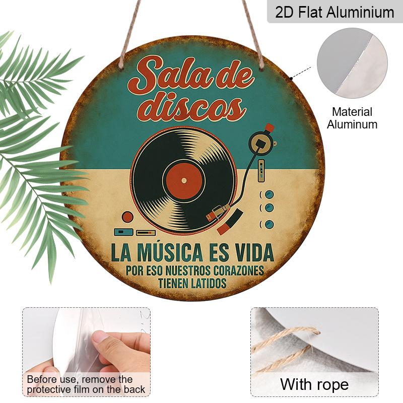 2D Flat, 1pc Spanish Language Vintage Vinyl Record Music Wall Aluminum Plaque - 7.87" Round Retro Turntable Sign Suitable for Bars, Cafes, Music