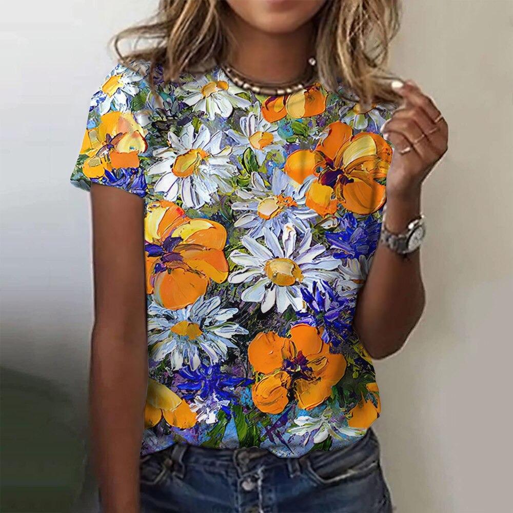 Camiseta de moda para mujer, ropa Harajuku con estampado floral, cuello redondo, jersey con estampado 3D, camisetas de manga corta, ropa urbana holgada de verano