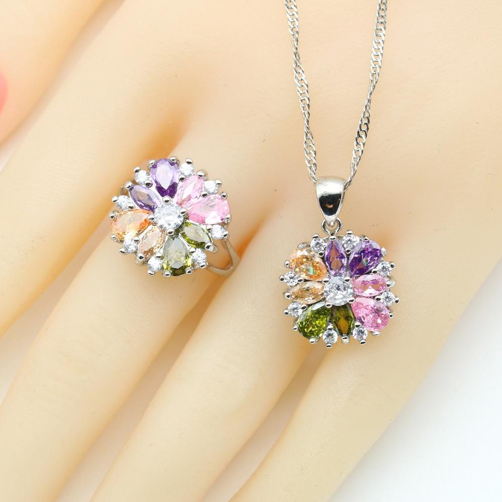 Joyería Multicolor de Circonita para Mujer Conjuntos de Boda Collar de Cristal Colgante Pendientes Anillo Regalo de Fiesta