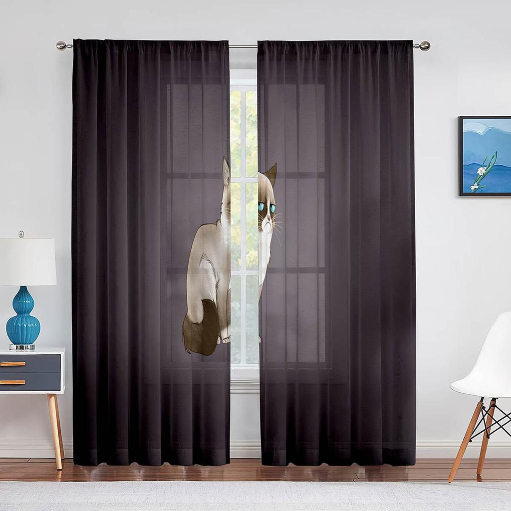 Lustige Cartoon Katze Tüllvorhänge für Wohnzimmer Schlafzimmer Dekoration Niedliche Kätzchen Tier Farbe Chiffon Transparent Voile Fenstergardine