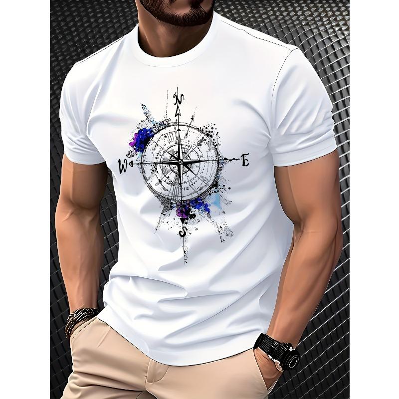 

European sizes Everyday Comfort] Men s Compass Print Crew Neck T-Shirt - Breathable Polyester, Casual Street Style Short Sleeve Top 4XL білий