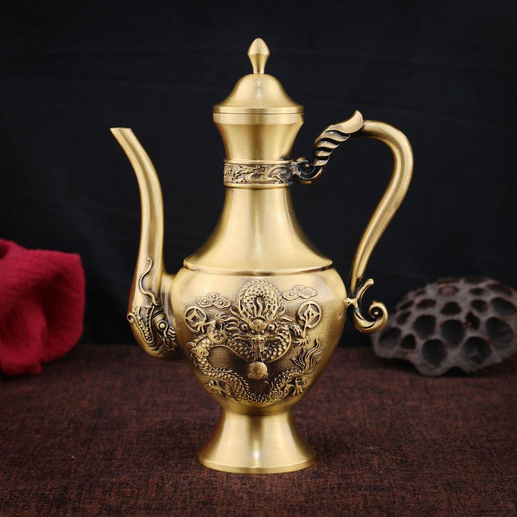 Brass Dragon Wine Pot with Auspicious Cloud Design - Household Metal Wine Set and Home Decor.
