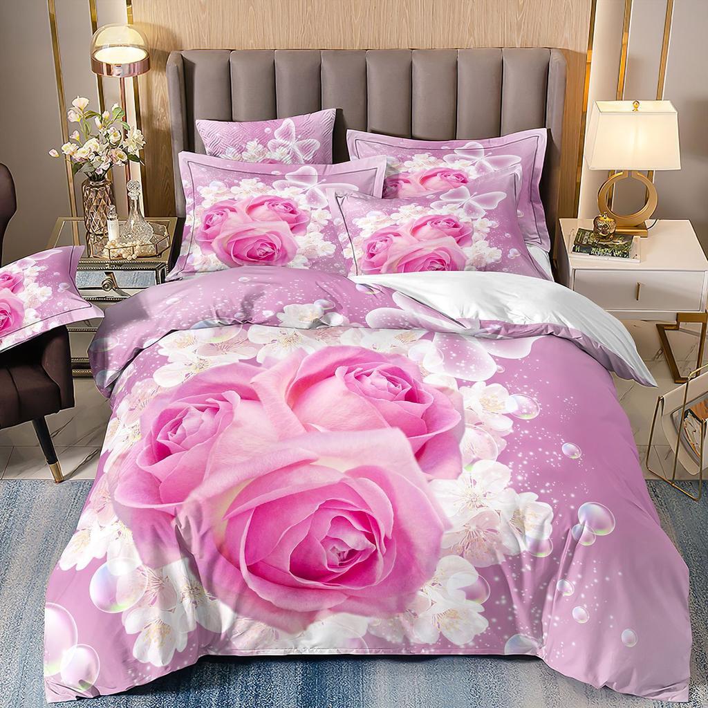 Three-Piece Rose Floral Style 3D Printed Quilt Cover Home Textile Bedding Kit