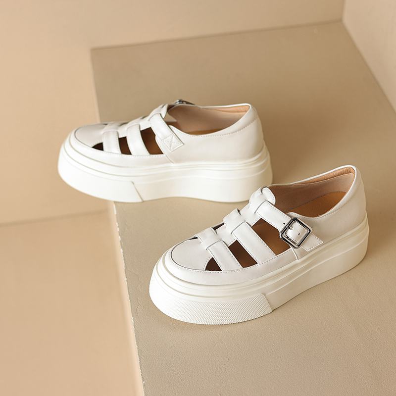 Krazing Pot Baskets en cuir véritable pour femme, chaussures décontractées, printemps, automne, été, plateforme, sangles à boucle, couleur argent